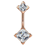 14k rose gold belly ring with double clear princess-cut CZ gems, warm pink metal tone, front view
