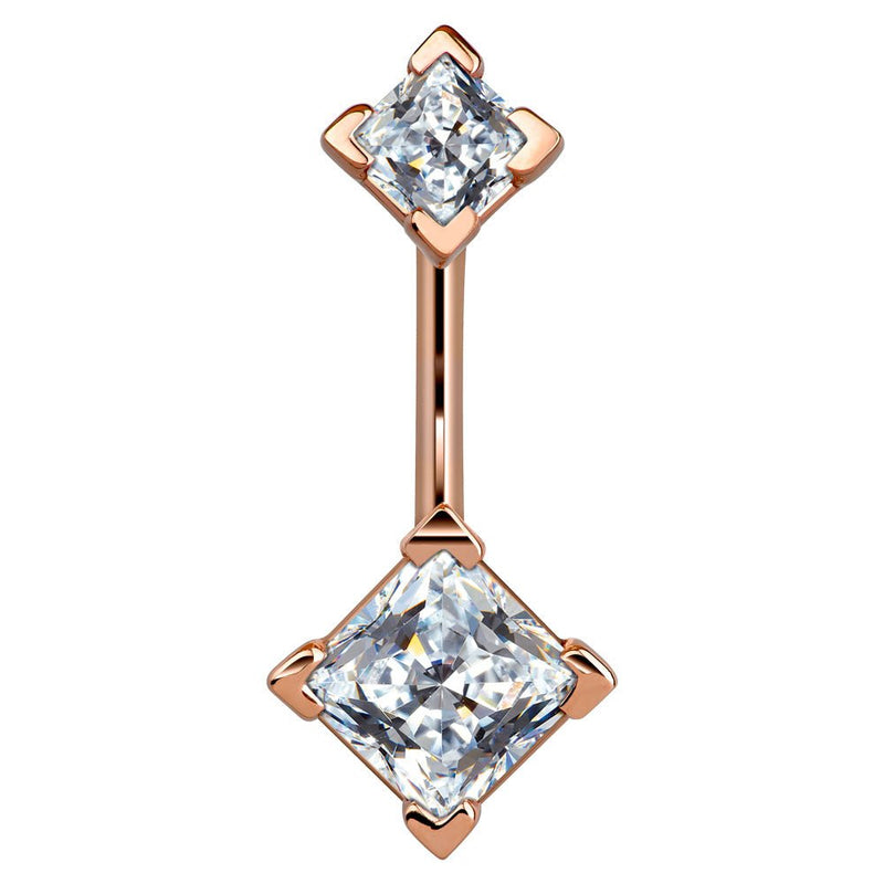 14k rose gold belly ring with double clear princess-cut CZ gems, warm pink metal tone, front view