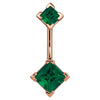 14k rose gold belly ring with double dark green princess-cut CZ gems in four-prong settings, front view