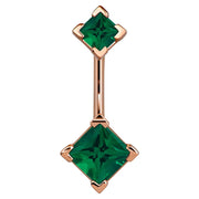14k rose gold belly ring with double dark green princess-cut CZ gems in four-prong settings, front view