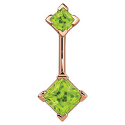 14k rose gold belly ring with double light green princess-cut CZ gems in four-prong settings, front view