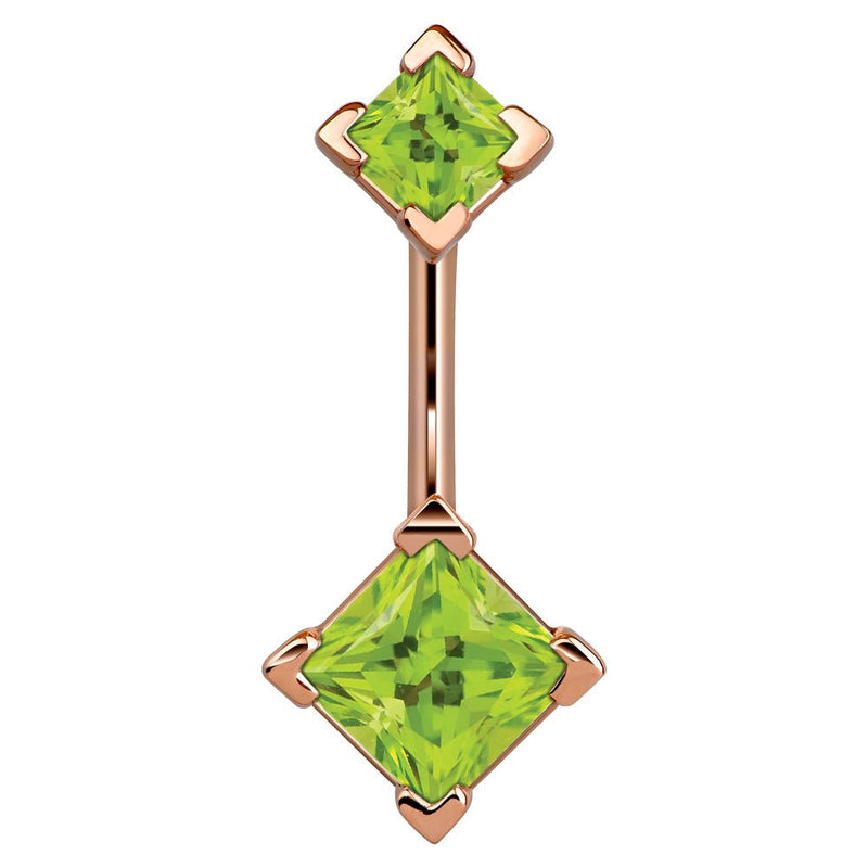 14k rose gold belly ring with double light green princess-cut CZ gems in four-prong settings, front view