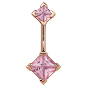 14k rose gold navel ring with double pink princess-cut CZ gems complementing warm rose metal, front view