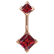 14k rose gold belly ring with double red princess-cut CZ gems in four-prong settings, front view