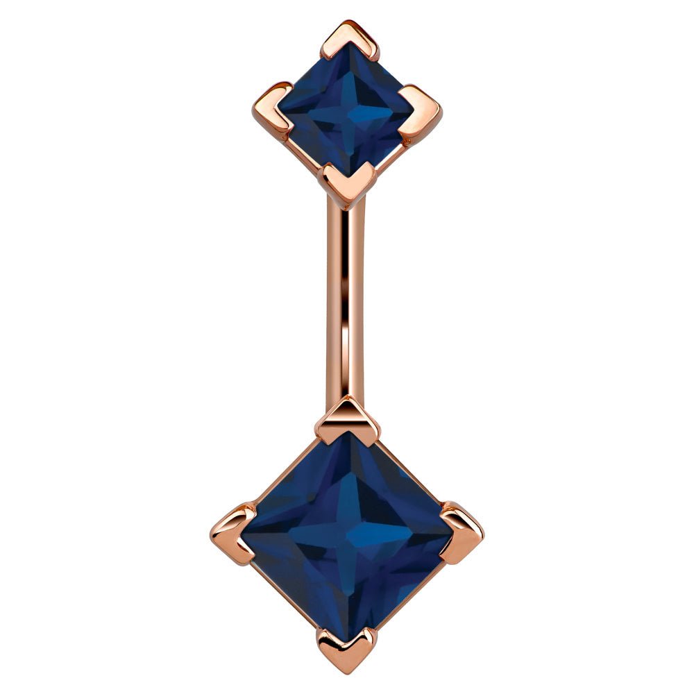 Double Princess Cut 14k Gold Belly Button Ring-14k Rose Gold   Blue