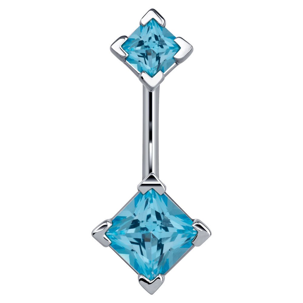 Double Princess Cut 14k Gold Belly Button Ring-14k White Gold   Light Blue