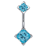 14k white gold belly ring with double light blue princess-cut CZ gems in four-prong settings, front view