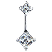 14k white gold belly ring with double clear princess-cut CZ gems, bright white metal, front view