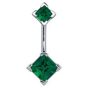14k white gold navel ring with double dark green princess-cut CZ gems in four-prong settings, front view