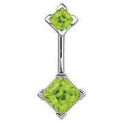 14k white gold navel ring with double light green princess-cut CZ gems in four-prong settings, front view
