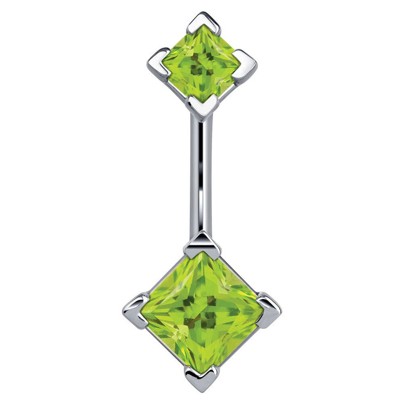 14k white gold navel ring with double light green princess-cut CZ gems in four-prong settings, front view