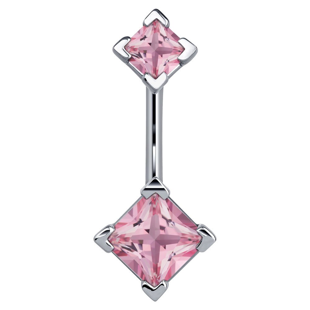 Double Princess Cut 14k Gold Belly Button Ring-14k White Gold   Pink