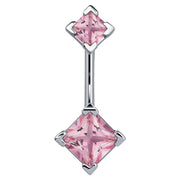 14k white gold navel ring with double pink princess-cut CZ gems in four-prong settings, front view