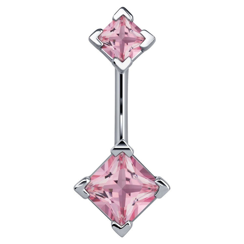 14k white gold navel ring with double pink princess-cut CZ gems in four-prong settings, front view