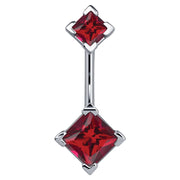 14k white gold belly ring with double red princess-cut CZ gems in four-prong settings, front view