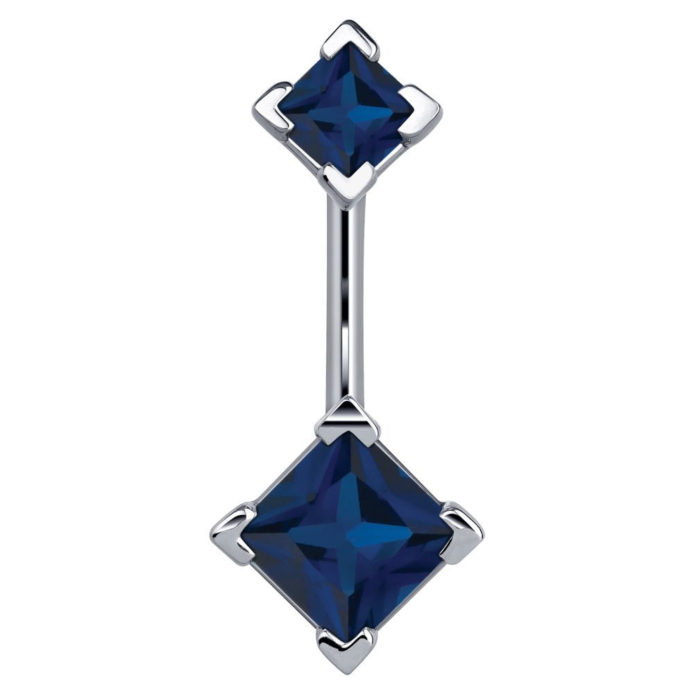 Double Princess Cut 14k Gold Belly Button Ring-14k White Gold   Blue