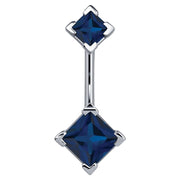 14k white gold belly ring with double dark blue princess-cut CZ gems in four-prong settings, front view
