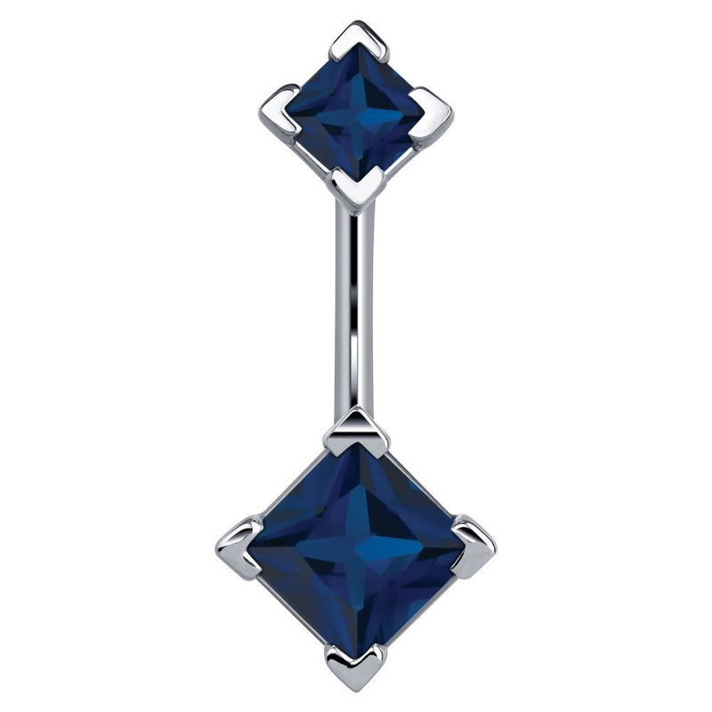 14k white gold belly ring with double dark blue princess-cut CZ gems in four-prong settings, front view