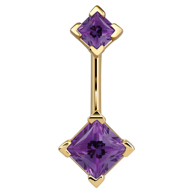 14k yellow gold navel ring with double purple princess-cut CZ gems in four-prong settings, front view