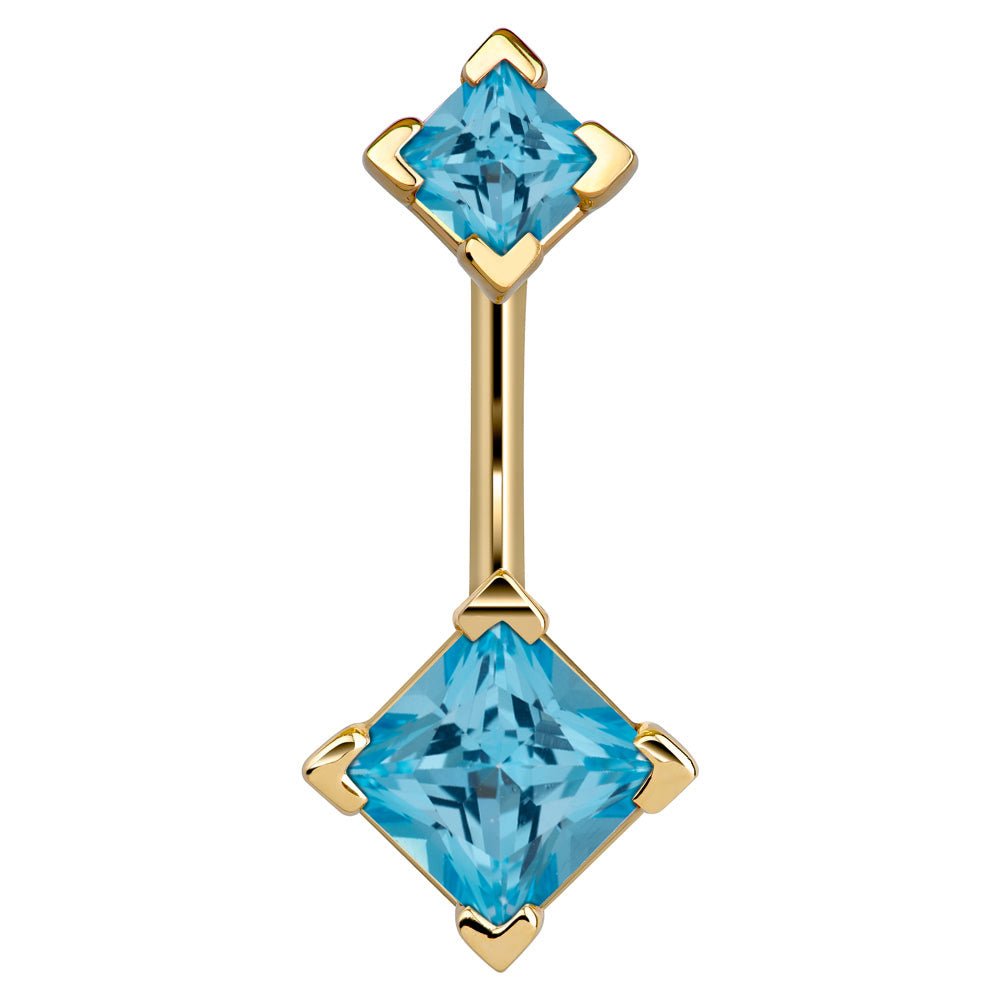 Double Princess Cut 14k Gold Belly Button Ring-14k Yellow Gold   Light Blue