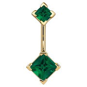 14k yellow gold belly ring with double dark green princess-cut CZ gems in four-prong settings, front view