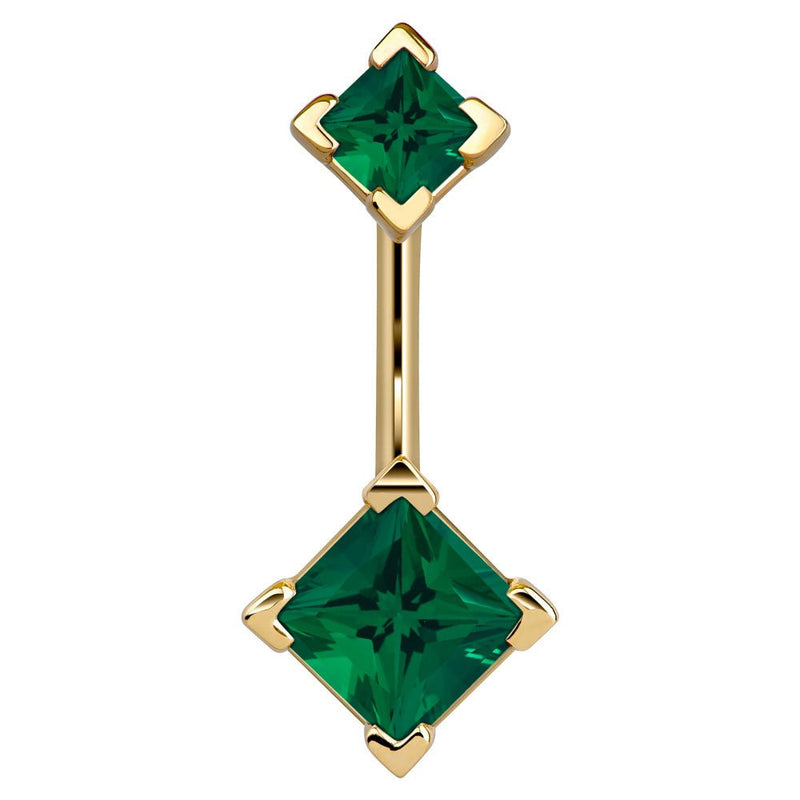 14k yellow gold belly ring with double dark green princess-cut CZ gems in four-prong settings, front view