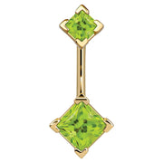 14k yellow gold belly ring with double light green princess-cut CZ gems in four-prong settings, front view