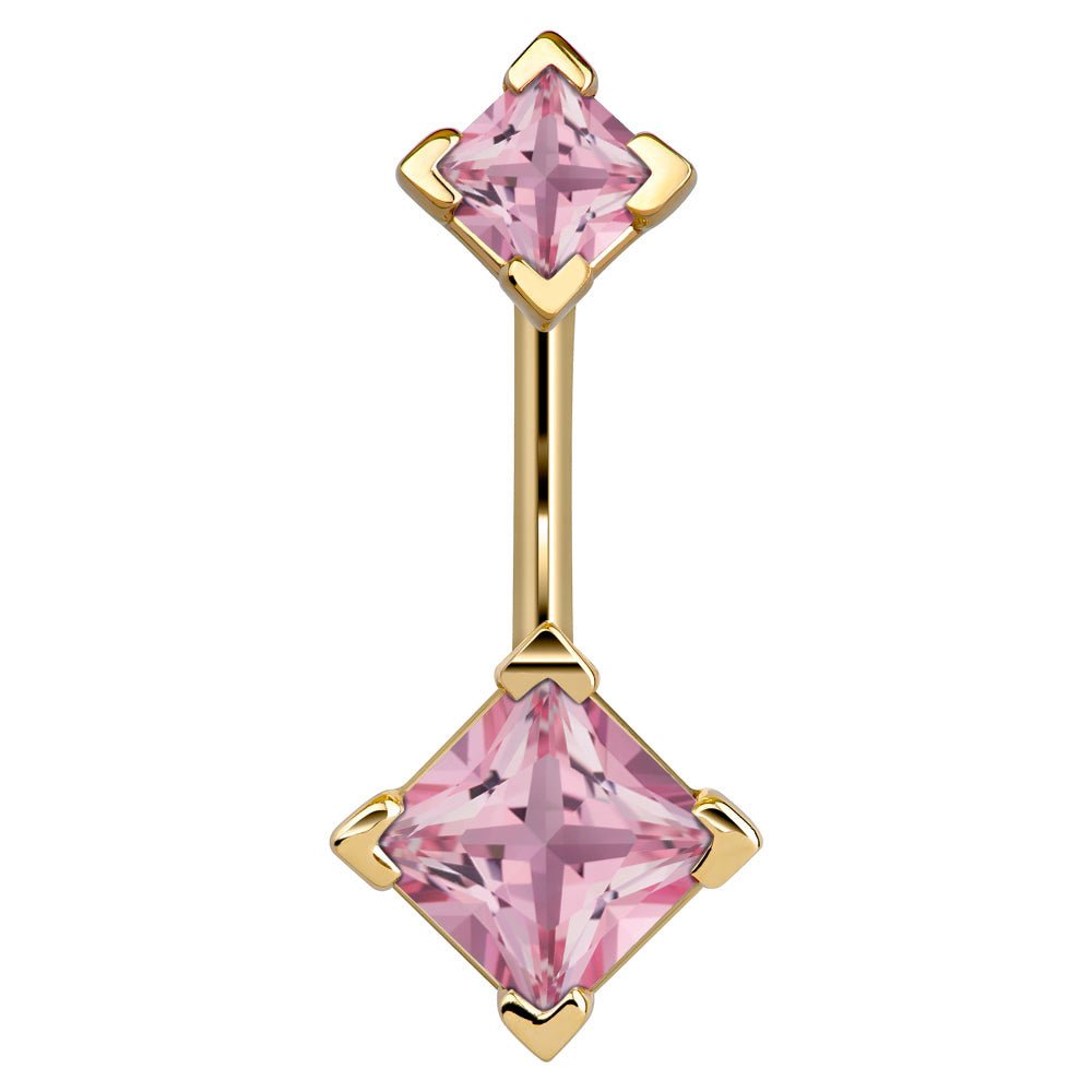 Double Princess Cut 14k Gold Belly Button Ring-14k Yellow Gold   Pink