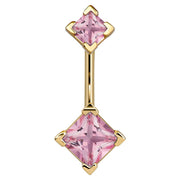 14k yellow gold navel ring with double pink princess-cut CZ gems in four-prong settings, front view
