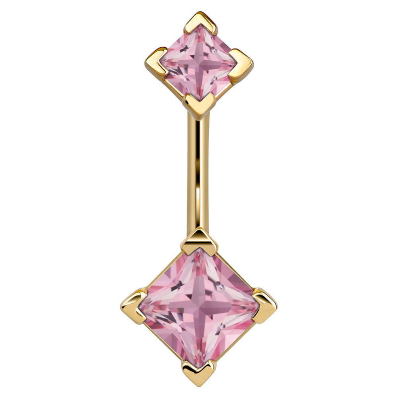 14k yellow gold navel ring with double pink princess-cut CZ gems in four-prong settings, front view