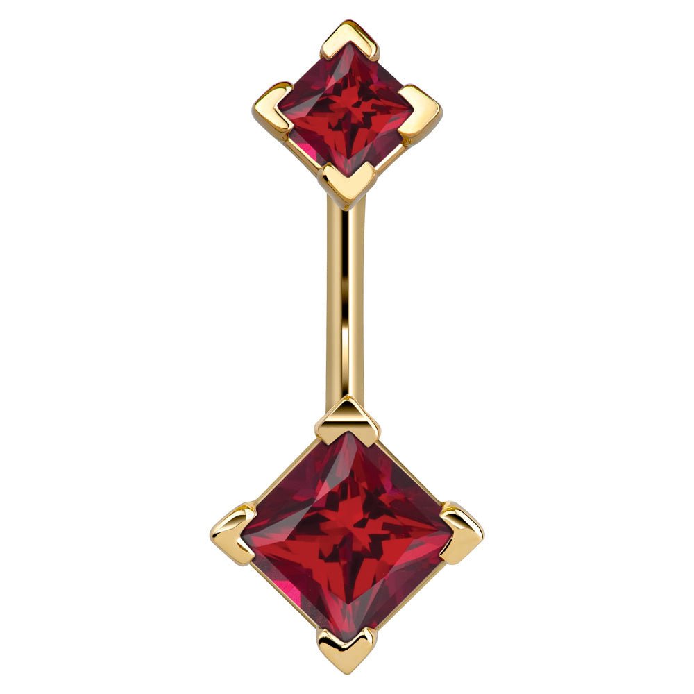 Double Princess Cut 14k Gold Belly Button Ring-14k Yellow Gold   Red