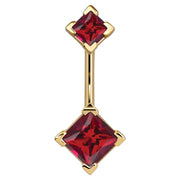 14k yellow gold belly ring with double red princess-cut CZ gems in four-prong settings, front view