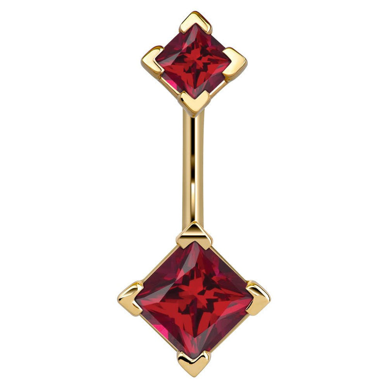 14k yellow gold belly ring with double red princess-cut CZ gems in four-prong settings, front view