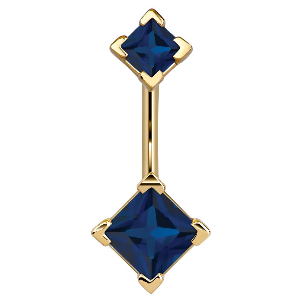 Double Princess Cut 14k Gold Belly Button Ring-14k Yellow Gold   Blue