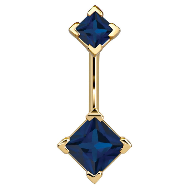 14k yellow gold navel ring with double dark blue princess-cut CZ gems in four-prong settings, front view