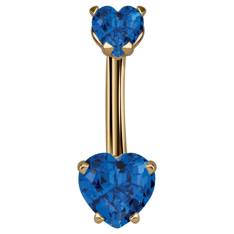 14k yellow gold navel ring with dual sapphire blue CZ heart stones in prong settings, front view