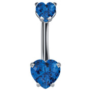 14k white gold belly ring with dual sapphire blue CZ heart stones in prong settings, front view