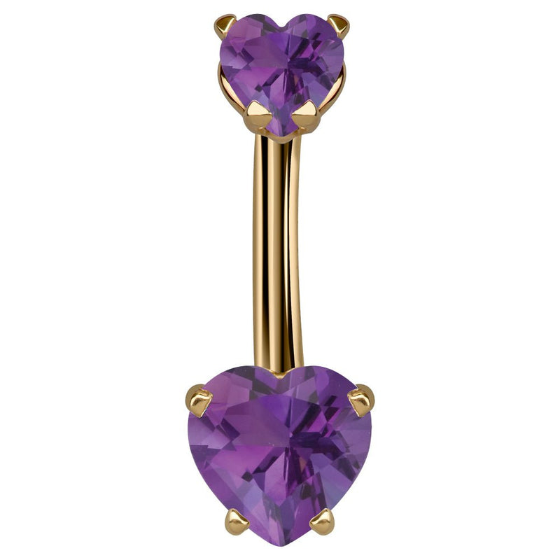 14k yellow gold navel ring with dual purple CZ heart stones in four-prong settings, front view