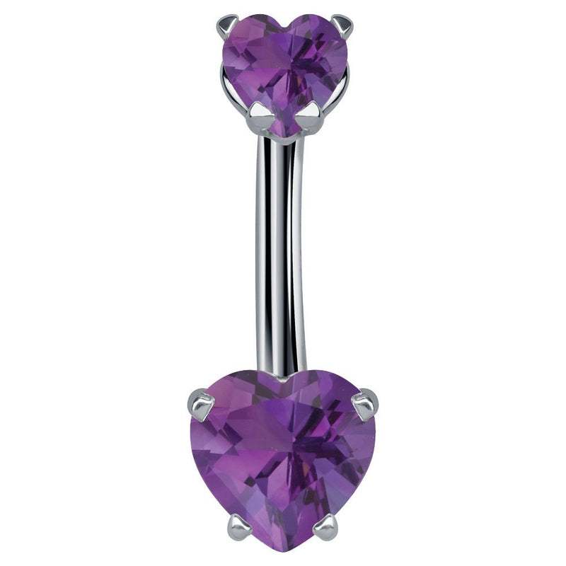 14k white gold belly ring with dual purple CZ heart stones in prong settings, front view