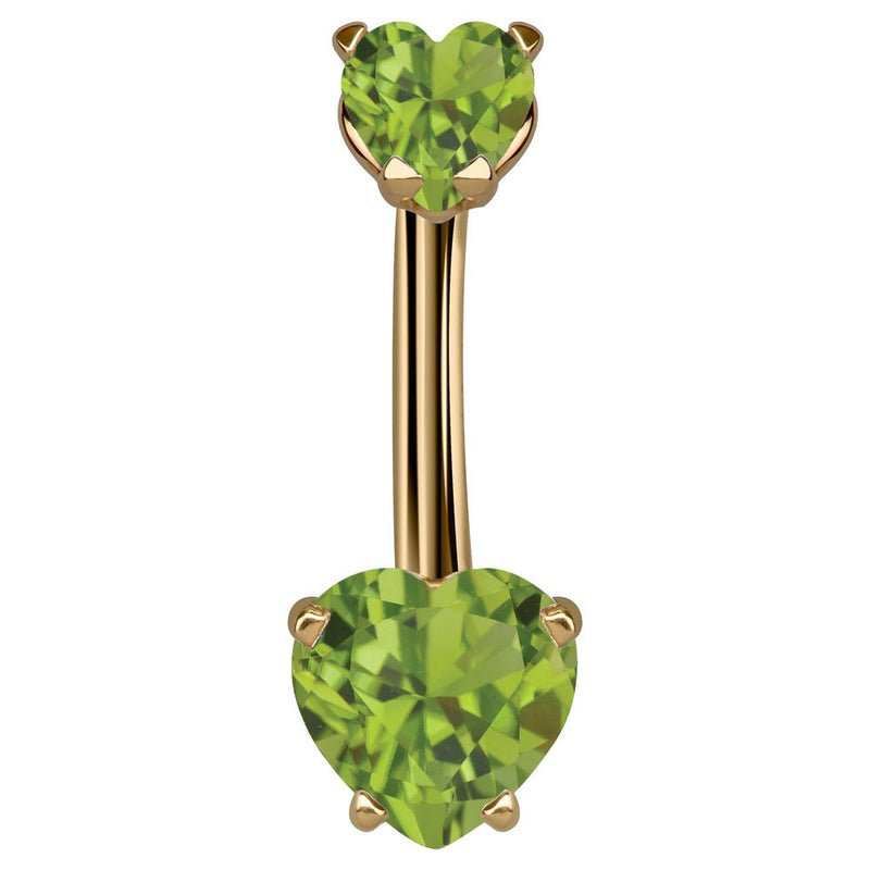 14k yellow gold belly ring with dual light green CZ heart stones in prong settings, front view