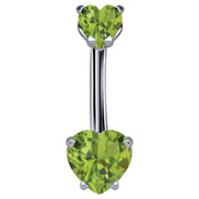 14k white gold belly ring with dual light green CZ heart stones in prong settings, front view