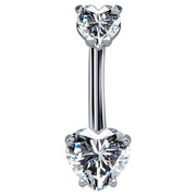 14k white gold belly ring with dual clear CZ heart stones in prong settings, front view