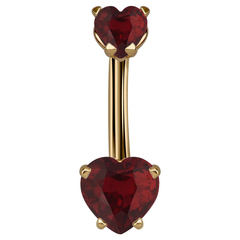 14k yellow gold belly ring with dual deep red CZ heart stones in prong settings, front view