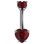 14k white gold navel ring with dual deep red CZ heart stones in four-prong settings, front view