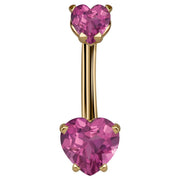 14k yellow gold navel ring with dual pink CZ heart stones in four-prong settings, front view