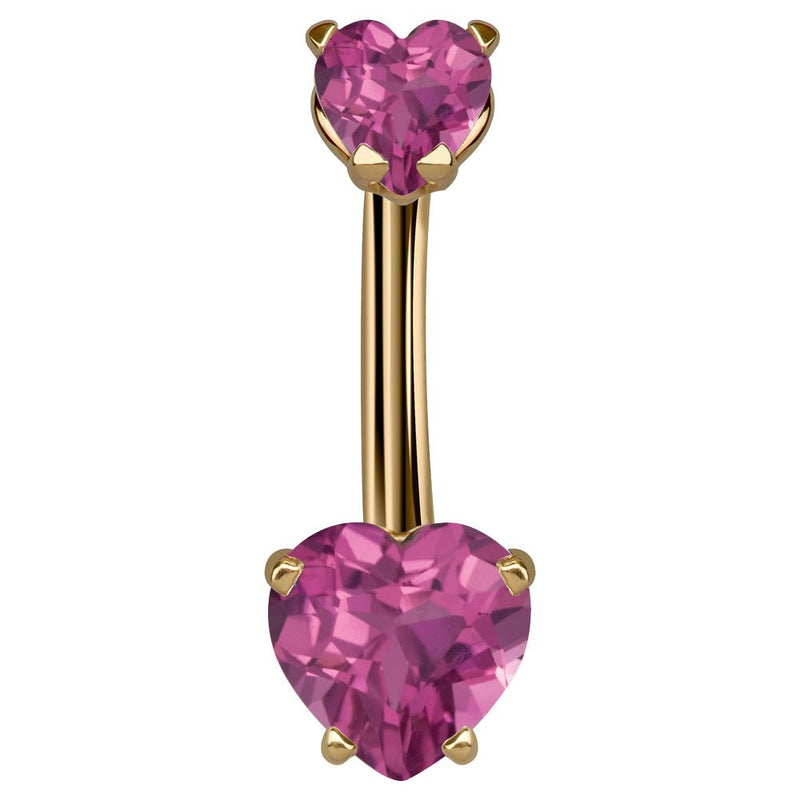 14k yellow gold navel ring with dual pink CZ heart stones in four-prong settings, front view