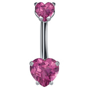 14k white gold navel ring with dual pink CZ heart stones in four-prong settings, front view