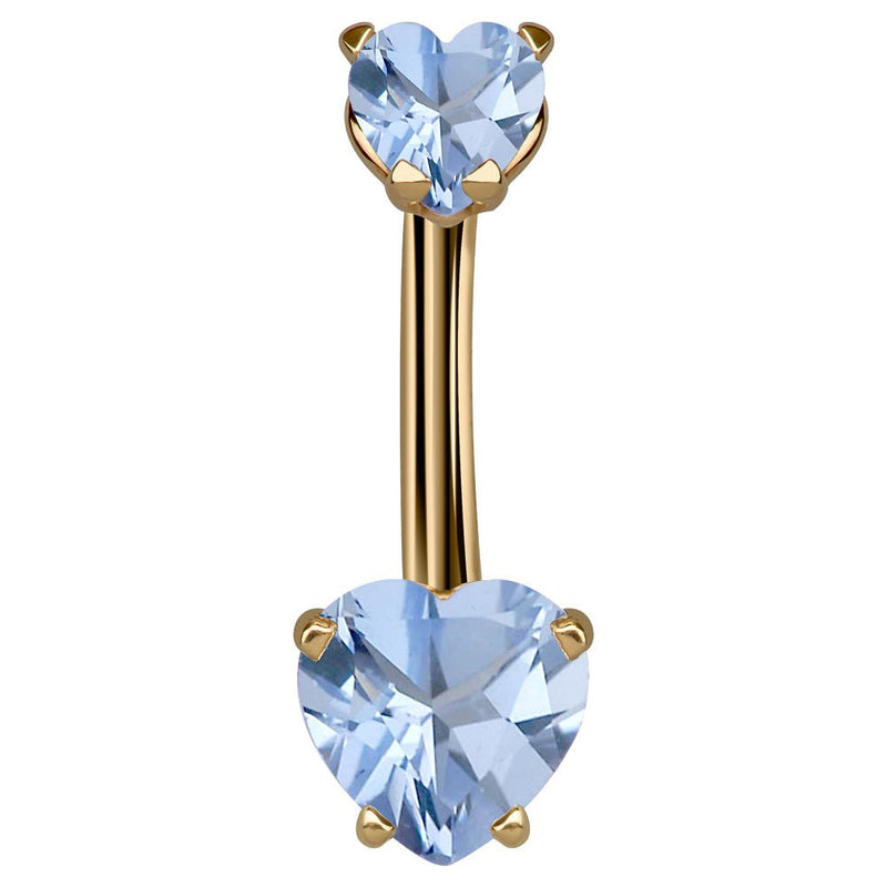 14k yellow gold navel ring with dual light blue CZ heart stones in prong settings, front view