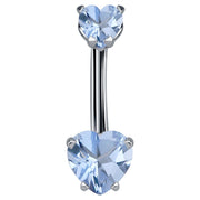 14k white gold navel ring with dual light blue CZ heart stones in prong settings, front view