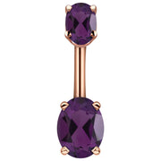 14k rose gold belly ring with dual purple oval CZ stones in four-prong settings, front view